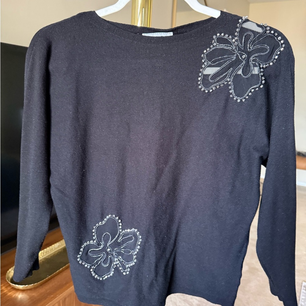 Black Sweater with Beaded Floral Design